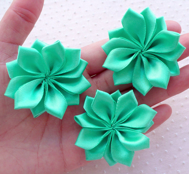 CLEARANCE Fabric Flower with Leaf / Satin Ribbon Flower Applique (4pcs, MiniatureSweet, Kawaii Resin Crafts, Decoden Cabochons Supplies