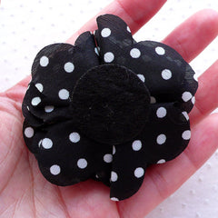 Polka Dot Chiffon Flower / Chiffon Ruffle Floral Applique (2pcs / 6.5cm / Black & White) Toddler Baby Hair Bow Accessory Headbands DIY B154
