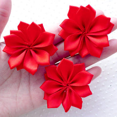 Red Satin Ribbon Flower Applique / Wedding Flowers (3pcs / 5cm) Fabric Floral Embellishment Baby Headbands Toddler Hair Flower Making B167