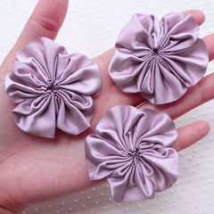 Satin Ribbon Floral Applique / Fabric Ruffle Flowers (3pcs / 5.5cm / Purple Gray) Baby Flower Headbands Hair Bow Boutonniere DIY Sewing B169