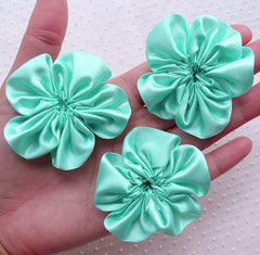 Satin Ribbon Flower Applique / Fabric Ruffle Flowers (3pcs / 5.5cm / Light Teal) Baby Flower Hair Bows Headbands Floral Embellishment B170