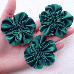 Satin Ribbon Ruffle Flowers / Fabric Floral Applique (3pcs / 5.5cm / Dark Green) Baby Flower Hairbows Head Bands DIY Shoe Decoration B172