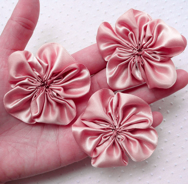 Pink Satin Ribbon Flowers / Fabric Ruffle Flower Applique (3pcs / 5.5cm / Dusty Pink) Baby Floral Headbands Hair Bows Flower Brooch DIY B174