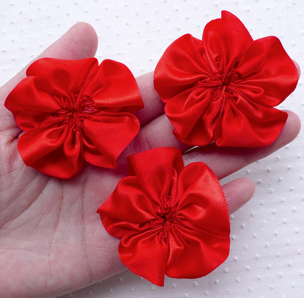 Flower Applique / Satin Ribbon Ruffle Flowers / 5 Petals Fabric Flower (3pcs / 5.5cm / Rose Red) Bridal Headbands Wedding Card Making B183