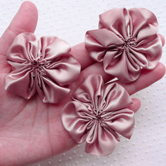 Satin Ribbon Ruffle Flowers / Fabric Flower Applique (3pcs / 5.5cm / Desert) Baby Hair Flower Hairbows Head Bands DIY Floral Decoration B171