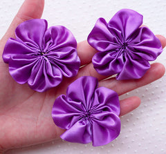 Satin Ribbon Flowers / Fabric Ruffle Floral Applique (3pcs / 5.5cm / Purple) Baby Flower Head Bands Hairbows DIY Floral Brooch Making B173