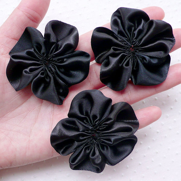 Black Satin Ribbon Flowers / Fabric Ruffle Floral Applique (3pcs / 5.5cm) Baby Floral Hair Bows Headbands DIY Flower Embellishment B175