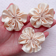 Satin Ribbon Flowers / Fabric Ruffle Floral Applique (3pcs / 5.5cm / P, MiniatureSweet, Kawaii Resin Crafts, Decoden Cabochons Supplies