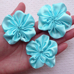 Satin Ribbon Ruffle Fabric Flowers / Floral Applique (3pcs / 5.5cm / Baby Blue) Toddler Hair Bows Newborn Headbands Hair Accessory DIY B185