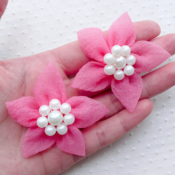 Mesh Flower with Pearl Center / Gauze Flowers / Tulle Fabric Floral Applique (2pcs / 5cm / Pink) Toddler Hairbows Baby Headbands Making B187