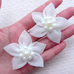 White Mesh Flowers with Pearl Center / Tulle Fabric Flower / Gauze Floral Applique (2pcs / 5cm) Baby Hairbows Bridal Headbands Making B188