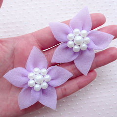 Gauze Flowers with Pearl Center / Mesh Fabric Flower / Tulle Floral Applique (2pcs / 5cm / Purple) DIY Baby Hair Bows Toddler Headbands B189