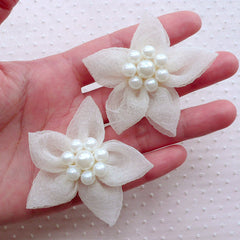 Tulle Flower Applique / Mesh Fabric Flowers with Pearl Center / Gauze Flower (2pcs / 5cm / Cream White) Bridal Hair Bows Baby Headbands B193
