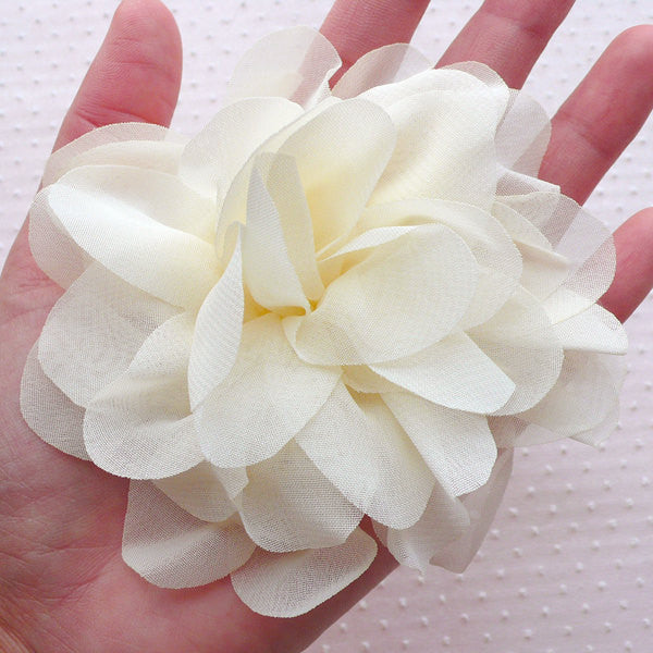 Large Chiffon Peony / Big Puff Flower / Fabric Floral Applique (1 piece / 11cm / Cream White) Bridal Headbands Baby Toddler Hair Bows B200