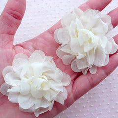 White Chiffon Flower / Puff Peony / Fabric Floral Applique (2pcs / 5.5cm / Cream White) Wedding Bouquet Bridal Headbands Baby Hair Bows B211