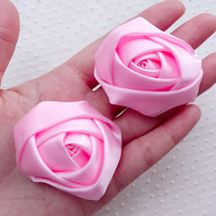 Pink Rose Flower / Fabric Satin Ribbon Rose Applique (2pcs / 5.5cm / Baby Pink) DIY Floral Brooch Rose Headband Hairbow Wedding Bouquet B216