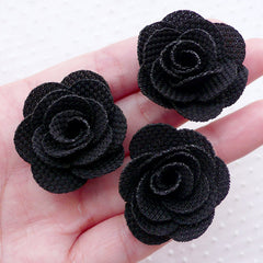 Rose Floral Applique / Fabric Flowers (3pcs / 3.5cm / Black) Rose Earrings Lapel Flower Hair Clip Floral Jewellery Making Scrapbooking B218