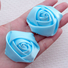 Satin Ribbon Rose Flower / Fabric Rose Applique (2pcs / 5.5cm / Baby Blue) Floral Headbands Boutonniere Brooch Rose Hair Bows Making B215