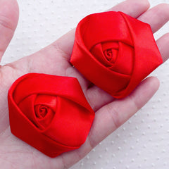 Red Rose Flowers / Fabric Rose / Satin Ribbon Floral Applique (2pcs / 5.5cm) DIY Rose Brooch Head Band Floral Hair Bow Wedding Bouquet B217