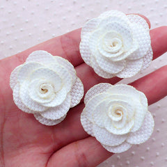 Fabric Rose Flowers / Floral Applique (3pcs / 3.5cm / Cream White) Rose Lapel Flower Hairclip Floral Earrings Wedding Jewelry Making B219