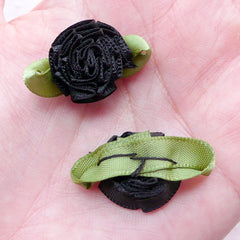 Flower with Leaf Applique / Satin Ribbon Flower (4pcs / 3cm / Black) Fabric Floral Decoration Scrapbook Flower Jewellery DIY Headbands B229