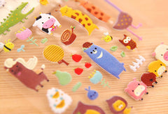 Kawaii Zoo Animal Puffy Sticker (1 Sheet) Chicken Monkey Giraffe Cow Lion Horse Sheep Bee Owl Pig Crocodile Cute Scrapbook Diary Deco S289