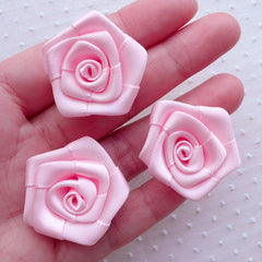 CLEARANCE Satin Ribbon Rose Flowers / Fabric Floral Applique (3pcs / 3cm / Pink) Wedding Bouquet Rose Lapel Pin DIY Floral Headbands Hair Bows B234
