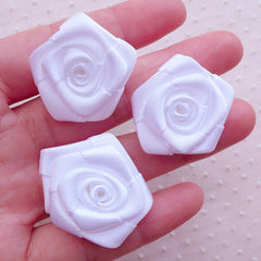 Fabric Rose Applique / Satin Ribbon Flowers (3pcs / 3cm / White) Wedding Bouquet Boutonniere DIY Baby Headbands Bridal Floral Hair Bows B235