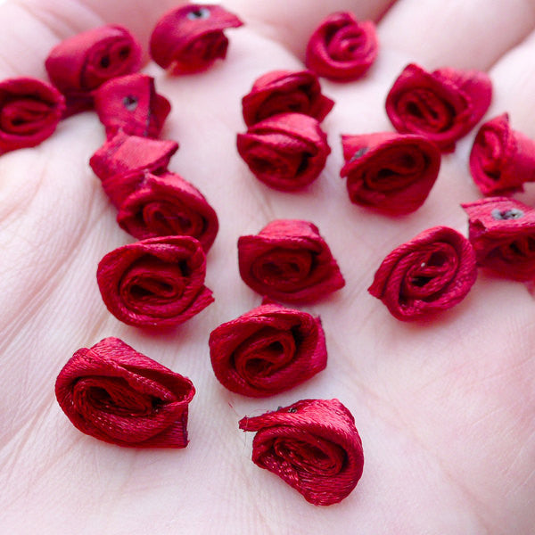 Tiny Rose Flowers / Mini Fabric Rose Bud / Satin Ribbon Floral Applique (20pcs / 8mm / Wine Red) Floral Embellishment Sewing Supplies B236