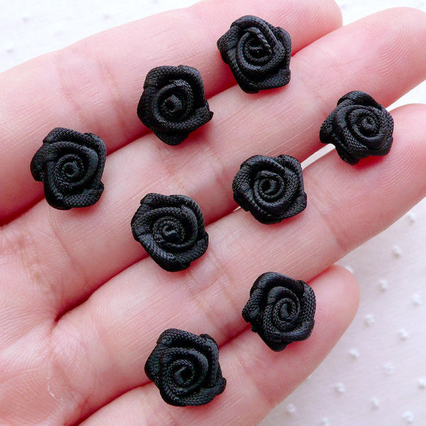 Mini Rose Flowers / Tiny Fabric Floral Applique / Satin Ribbon Rose Bud (8pcs / 10mm / Black) Flower Embellishment DIY Floral Jewelry B237