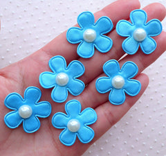 Fabric Floral Applique with Pearl Center / Satin Flower Applique (6pcs / 27mm / Blue) Flower Jewellery DIY Floral Decoration Home Decor B242
