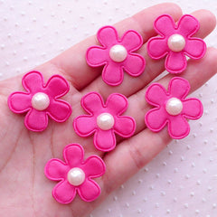CLEARANCE Flower Applique with Pearl / Satin Daisy / Fabric Floral Applique (6pcs / 27mm / Dark Pink) Invitation Card Making Favor Decoration B244