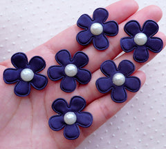 Daisy Applique / Satin Flowers with Pearl / Fabric Floral Applique (6pcs / 27mm / Navy Blue) Gift Decoration Favor Packaging Scrapbook B245
