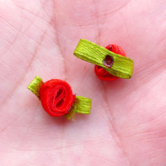 Mini Rose Flowers with Leaf / Tiny Satin Ribbon Rose Bud / Fabric Floral Applique (12pcs / 1.5cm / Red) Sewing Supply Flower Decoration B238