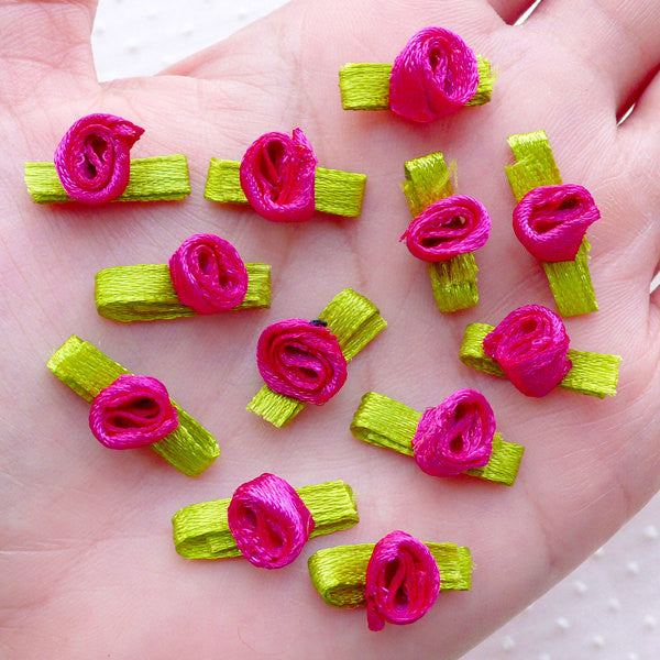Tiny Rose Bud with Leaf / Mini Satin Ribbon Floral Applique (12pcs / 1.5cm / Dark Pink) Sewing Supplies Floral Decoration Scrapbooking B239