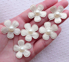Satin Floral Applique with Pearl Center / Fabric Flower Applique (6pcs / 27mm / Cream White) Floral Jewellery DIY Flower Decoration B243