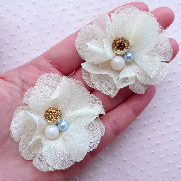 Chiffon Flower with Pearl & Gem / White Puff Flower Applique / Fabric Floral Applique (2pcs / 5.5cm / Cream White) Headbands Hair Bows B246