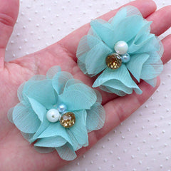 Puff Chiffon Flower with Gem & Pearl / Fabric Floral Applique (2pcs / 5.5cm / Mint) Hair Clip Shoe Clip Flower Jewelry Making Scrapbook B248