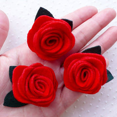 Felt Rose Flower with Leaf / Fabric Floral Applique (3pcs / 4cm / Red) Boutonniere Lapel Pin Wedding Bouquet Making Valentines Decor B259