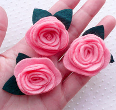 Felt Rose Applique / Fabric Flower with Leaf (3pcs / 4cm / Pink) Wedding Flowers Favor Embellishment Valentines Floral Decoration B260