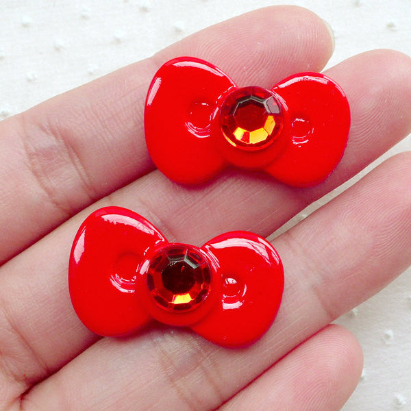 CLEARANCE Red Bow with Rhinestone / Resin Bowtie Cabochons (2pcs / 26mm x 16mm) Kawaii Phone Case Decoden Cabochon Cute Embellishment Scrapbook CAB510