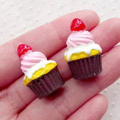 Strawberry Cupcake Cabochons w/ Frosting (2pcs / 18mm x 25mm / 3D) Kawaii Miniature Sweets Dollhouse Dessert Whimsy Decoden Supplies FCAB352