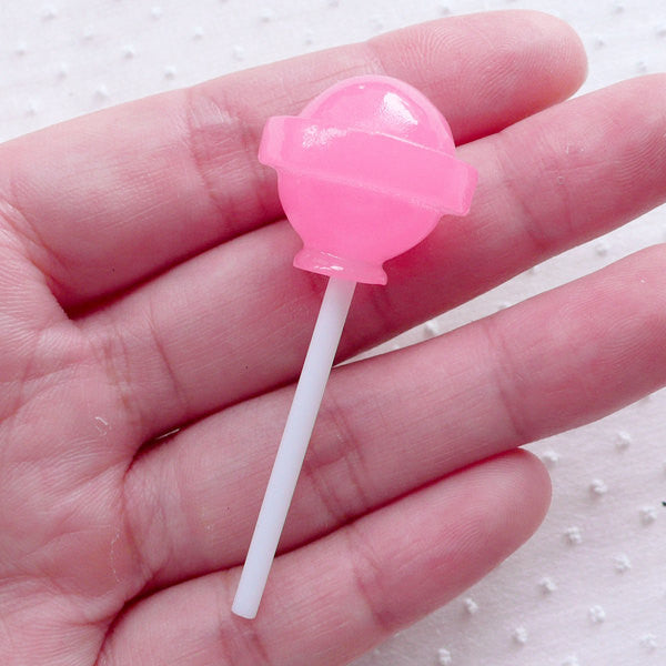 Strawberry Lollipop Cabochon (1 piece / 21mm x 54mm / Pink / 3D) Faux Food Fake Candy Whimsy Phone Deco Kawaii Sweets Embellishment FCAB360