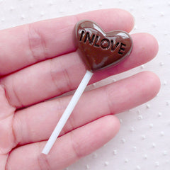 CLEARANCE Chocolate Lollipop Cabochon / Heart Candy Cabochon (1 piece / 25mm x 55mm / Brown / Flatback) Cute Fake Sweets Deco Kawaii Decoden FCAB347