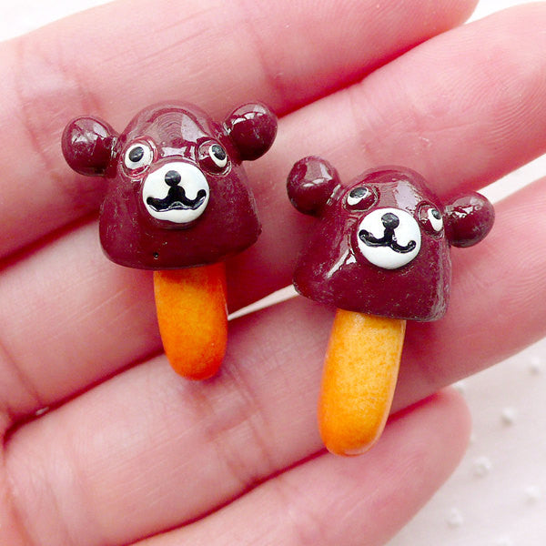 Kawaii Chocolate Bear with Cracker / 3D Chocoroom Cabochon (2pcs / 18mm x 25mm) Faux Food Craft Candy Decoden Fake Sweets Decoration FCAB373