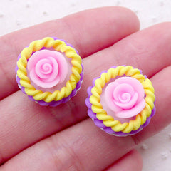 Miniature Rose Cupcake Cabochons / Polymer Clay Flower Cupcake (2pcs / 17mm x 14mm / 3D) Miniature Dessert Fimo Dollhouse Sweets FCAB386