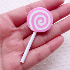 Swirl Lollipop Cabochon / Strawberry Peppermint Candy Cabochon (1 piece / 25mm x 58mm / Pink) Faux Candy Embellishment Fake Food FCAB388