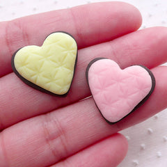 Miniature Chocolate Sugar Cookie Cabochon in Heart Shape (2pcs / 21mm x 19mm / Strawberry & Lemon / Flatback) Cute Dollhouse Sweets FCAB394