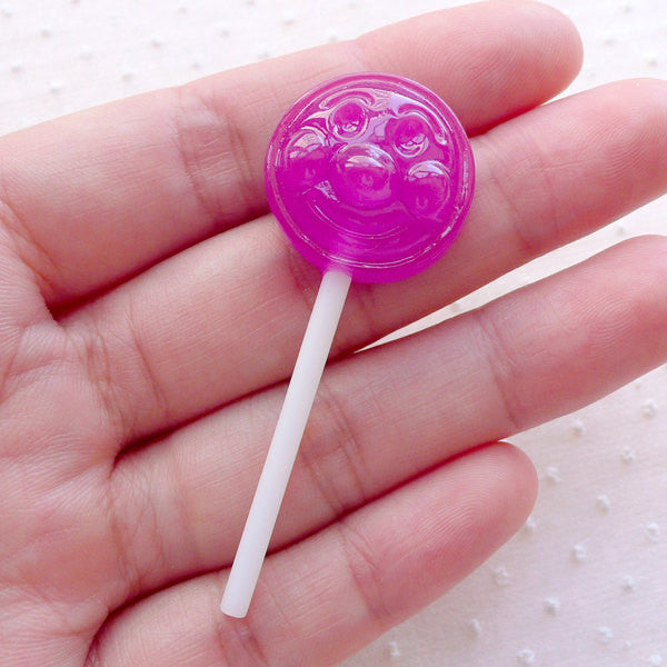 CLEARANCE Grape Lollipop Cabochons w/ Face (1 piece / 20mm x 57mm / Purple / 3D) Fake Sweets Candy Novelty Embellishment Kawaii Phone Deco FCAB418
