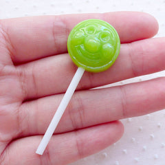 CLEARANCE Faux Lollipop Cabochons w/ Face (1 piece / 20mm x 57mm / Green / 3D) Fake Candy Decoden Cute Embellishment Whimsical Jewelry Making FCAB422